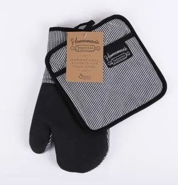 Oven Mitt & Potholder Set-Black/White Pinstripe