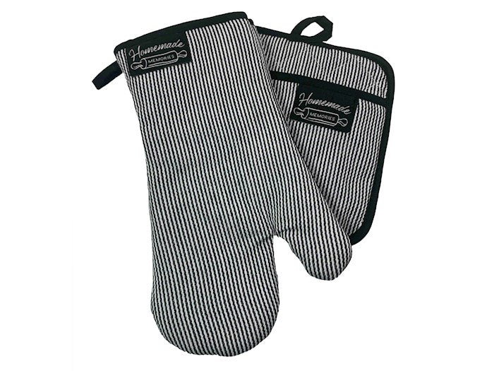Oven Mitt & Potholder Set-Black/White Pinstripe