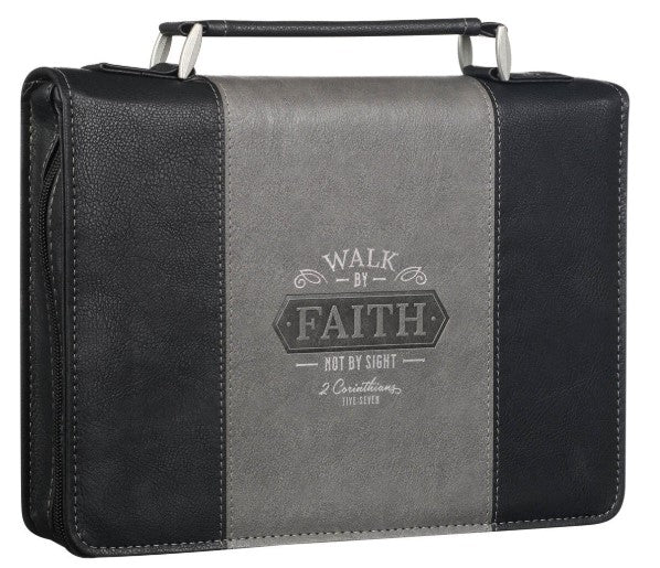 Walk by Faith Black and Gray Faux Leather Classic Bible Cover