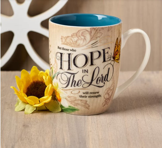 Hope in the LORD Mediterranean Blue Floral Ceramic Mug - Isaiah 40:31