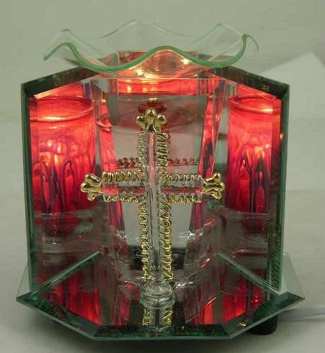 Gold Cross Glass Electric Oil Burner (Red Background)